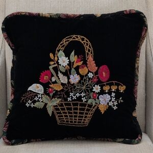 Vintage Black Velvet Floral Embroidered Throw Accent Pillow Floral Tapestry Back